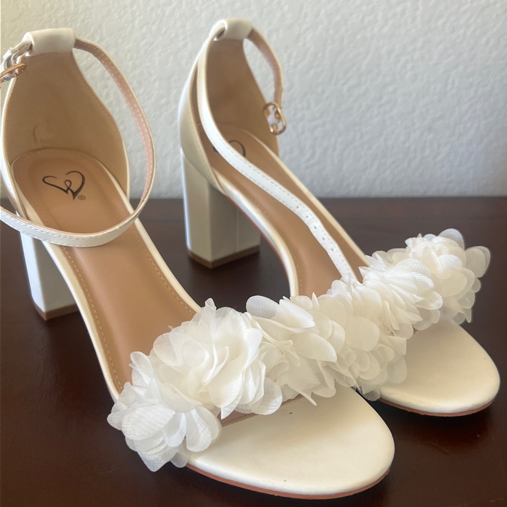 3 inch white block heels with flower toe strap